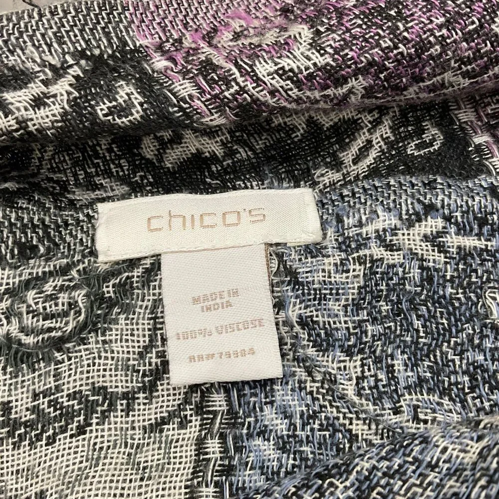 Chico's Wrap Shawl Stole Cardigan beaded black purple Fringed Hem approx26”x81”